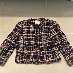 L'AGENCE Women's Navy Tweed Blazer with multiple color and Fringe